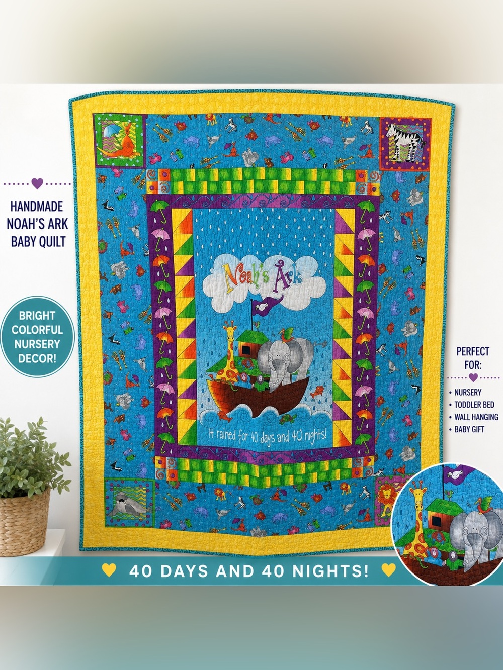 Noah's Ark Baby Quilt - Bright Blue & Yellow Nursery Throw